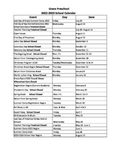 2022-2023 Grace Preschool Calendar | Grace School Panama City
